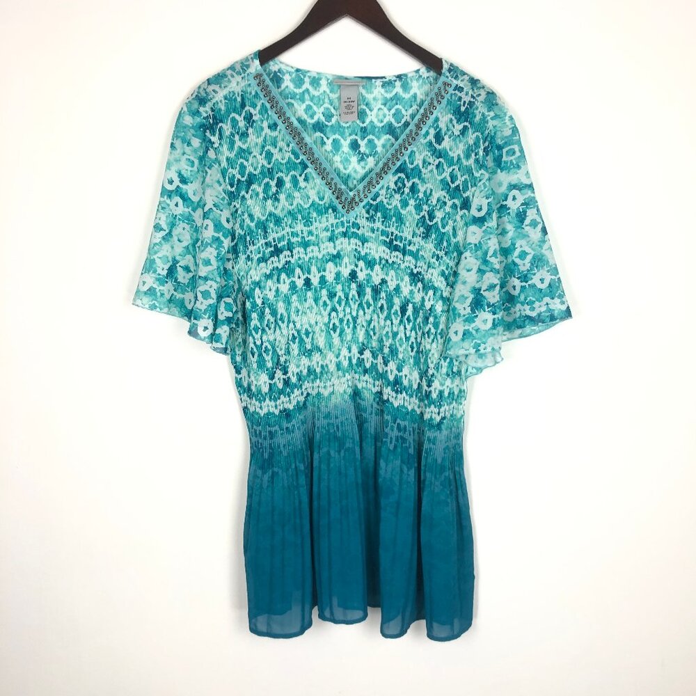 Catherines Tunic Top Size 3X Pleated Beaded Neckline Artsy Print Short Sleeves